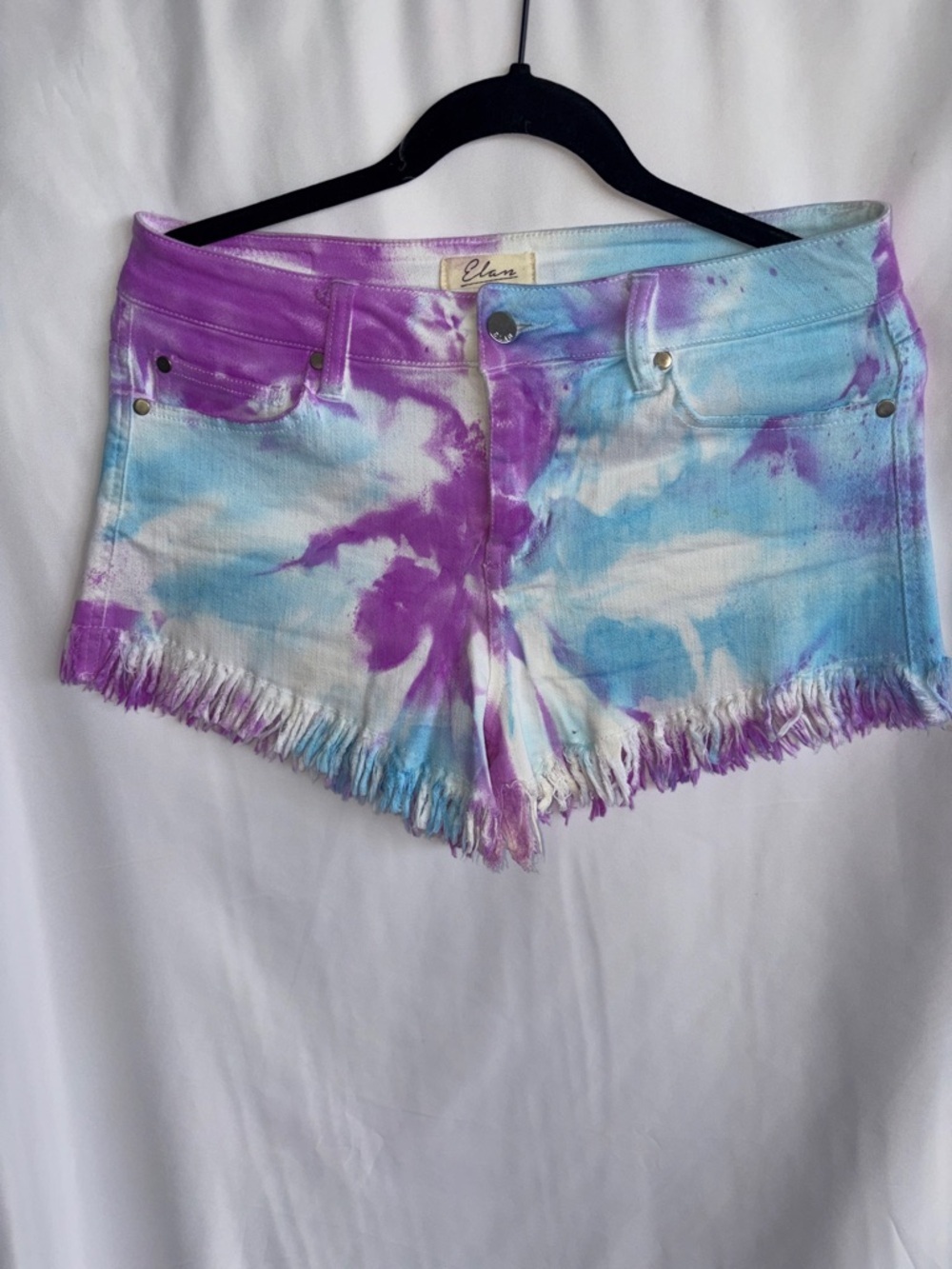 Elan Fringe Denim Shorts, Tie Dye, purple & blue, sz M,